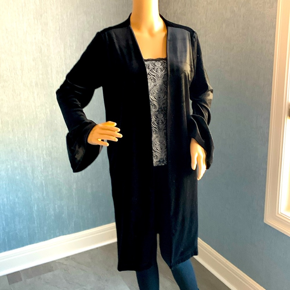 Knee length black velvet bell sleeve jacket